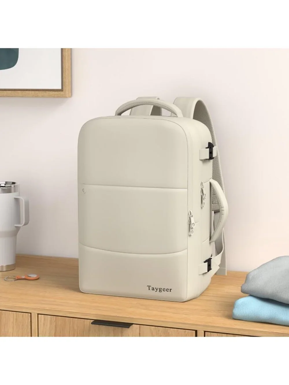 Women's Creambeige 15.6inch Laptop Mochila Flight Approved Daypack with Pocket